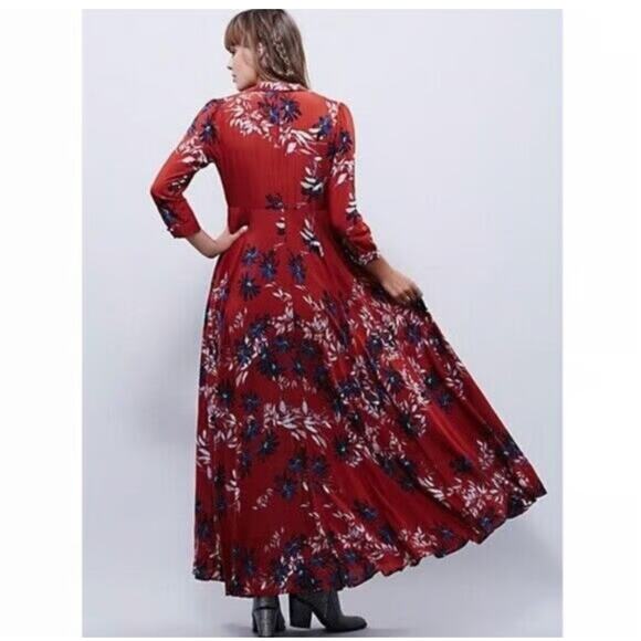 Free People After The Storm Brick Red Floral Print Boho Maxi Shirt Dress Size 0 - Picture 2 of 11